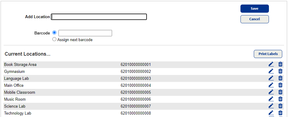 Manage Locations page.